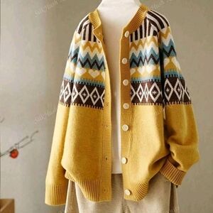 Womens Geometric Heart Pattern Cardigan Sweater - Yellow, Blue, Brown